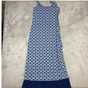 Tommy Bahama Maxi Dress Blue White Geometric Tile Mediterranean Cotton Stretch S